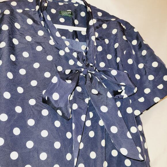 J. Crew blue polka-dot retro tie neck top Size 2 Preppy Officecore Classic - Picture 4 of 6